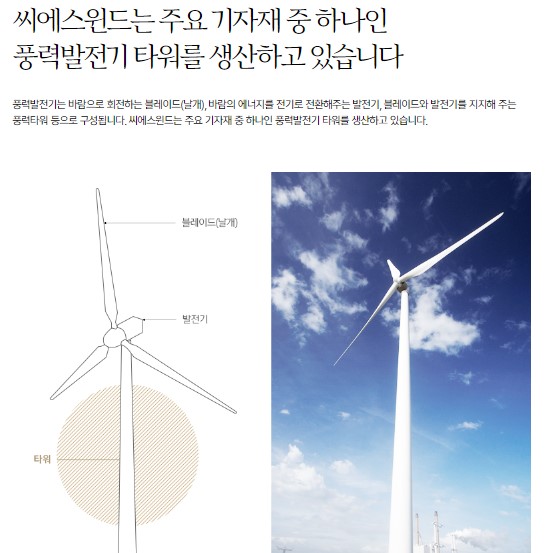 씨에스윈드는 풍력발전 설비 제조, 관련 기술 개발, 강구조물 제작 및 설치, 풍력발전 관련 컨설팅 및 지원서비스 사업을 영위하는 기업이다. 사진은 씨에스윈드의 풍력발전기 타워에 대한 설명. [사진출처=씨에스윈드]