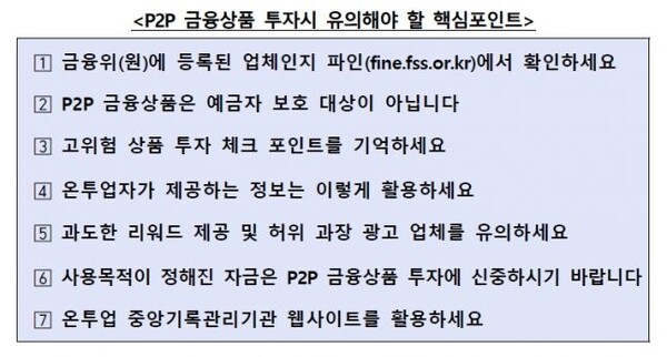 7일 금융감독원은 ‘금융꿀팁 200선-P2P 금융상품 투자 시 유의해야 할 핵심포인트’를 안내했다. 사진은 금감원이 안내한 7가지 유의사항들이다. [사진출처=금융감독원] 