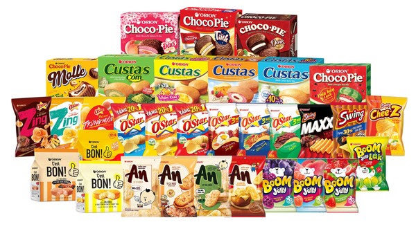 오리온은 베트남 법인이 2005년 설립 이래 최초로 연매출 4000억원을 돌파했다고 22일 밝혔다. 사진은 오리온 베트남 법인 제품 이미지 모음. [사진제공=오리온]