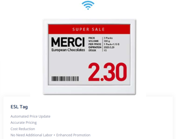 ESL은 리테일 매장 진열대에 설치되는 정보표시 시스템으로 바뀐 정보를 입력하면 통신 네트워크를 통해 자동으로 업데이트되어 표시된다. 사진은 솔루엠 ESL. [사진출처=솔루엠]