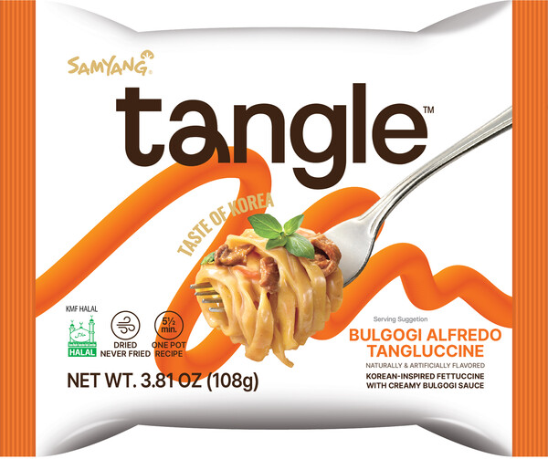 삼양식품은 해외전용 건면브랜드 ‘탱글(Tangle)’을 선보이고, 신제품 탱글 ‘불고기 알프레도 탱글루치니(Tangle Bulgogi Alfredo Tangluccine)’(사진)를 출시했다고 26일 밝혔다. [사진제공=삼양식품]