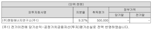 신성델타테크는 LSVC의 지분을 52.52% 갖고 있다. 국내 상법은 지분율이 50%가 넘으면 자회사로 간주한다. LSVC는 올해 3월 발간한 감사 보고서에서 퀀텀에너지연구소의 보유 지분율 9.37%를 전액 손실 처리했다고 밝혔다. 투자한 5억원을 없는 셈으로 치겠다고 공식화한 것이다. [자료출처=신성델타테크]