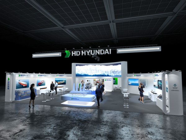 HD현대중공업, HD한국조선해양, 현대미포조선, 현대삼호중공업, HD현대일렉트릭, HD현대글로벌서비스, HD현대인프라코어, 아비커스 등 HD현대의 조선·해양 관련 8개사는 24일부터 27일까지 부산 벡스코에서 열리고 있는 ‘국제조선 및 해양산업전(KORMARINE 2023, 이하 코마린)’에 참가한다. 사진은 HD현대 그룹사 공동 부스 이미지. [사진제공=HD한국조선해양]