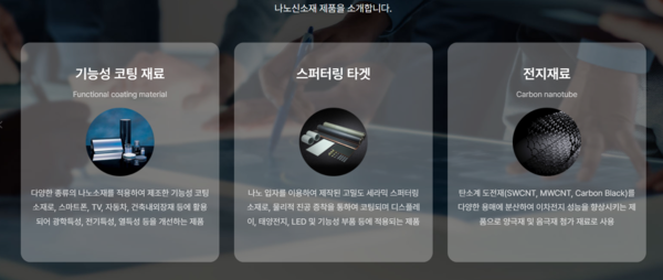 2000년 3월 설립된 나노신소재는 원재료인 금속 또는 비금속 메탈을 초미립 나노 분말로 합성하고 이를 다시 고체인 타깃(Target) 형태나 페이스트(Paste)·솔(Sol)·슬러리(Slurry) 형태의 액상으로 제품화하는 기술을 보유하고 있다. 이를 기반으로 디스플레이 패널시장 및 태양전지 시장, 반도체 화학적기계연마(CMP) 공정에 투입되는 소재 제조, 이차전지 전극에 적용되는 CNT도전재를 주요 사업으로 영위하고 있다. [사진 출처=나노신소재]