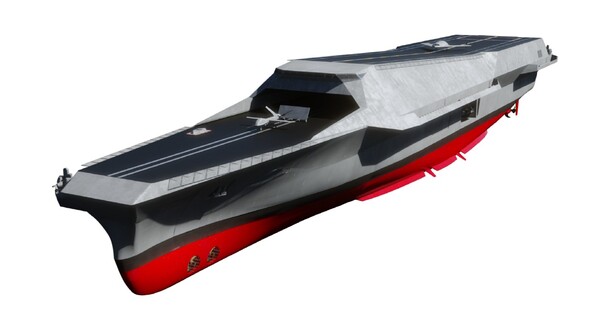 HD현대중공업은 오는 28일부터 나흘간 부산 해운대구 벡스코에서 개최되는 국제해양방위산업전(MADEX)에 참가해 218㎡ 규모의 전시관을 꾸리고, 수출형 호위함과 무인전력 운영에 최적화된 미래형 전투함 등을 최초로 선보인다. 사진은 미래형 무인전력모함(모델명: HCX-23 Plus)의 조감도. [사진제공=HD현대중공업]